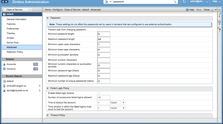 zimbra password policy