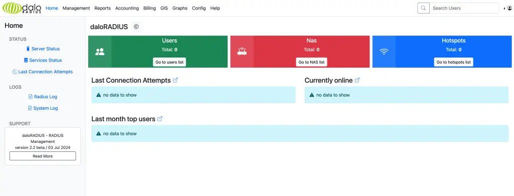 Install FreeRADIUS and Daloradius on Ubuntu 24.04|22.04|20.04 2 daloradius dashboard new
