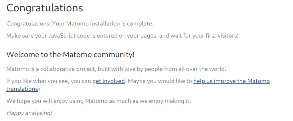 Install Matomo (Piwik) Web Analytics Tool on Ubuntu 20.04|18.04|16.04 4 install matomo web analytics ubuntu 18.04 successful installation min