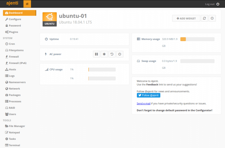 install ajenti 1.x ubuntu 18.04 dashboard
