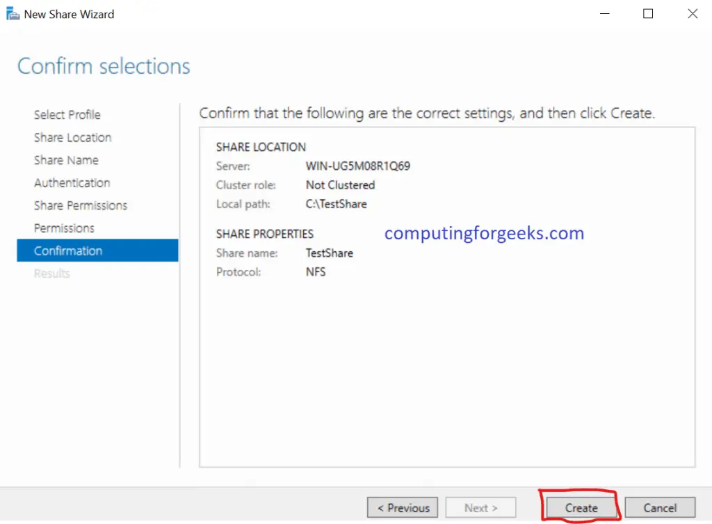 Install and Configure NFS Server on Windows Server 2019 18 NFS Confirm selections and create