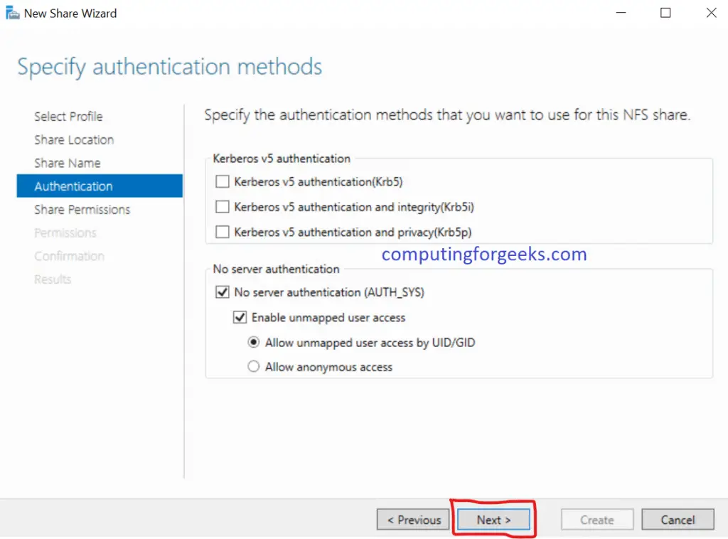 Install and Configure NFS Server on Windows Server 2019 14 NFS Specify Authentication Methods