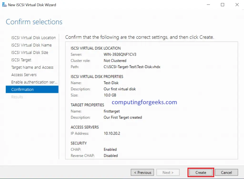 Install and Configure iSCSI Target on Windows Server 2019 20 iSCSI Target confirm selections and create