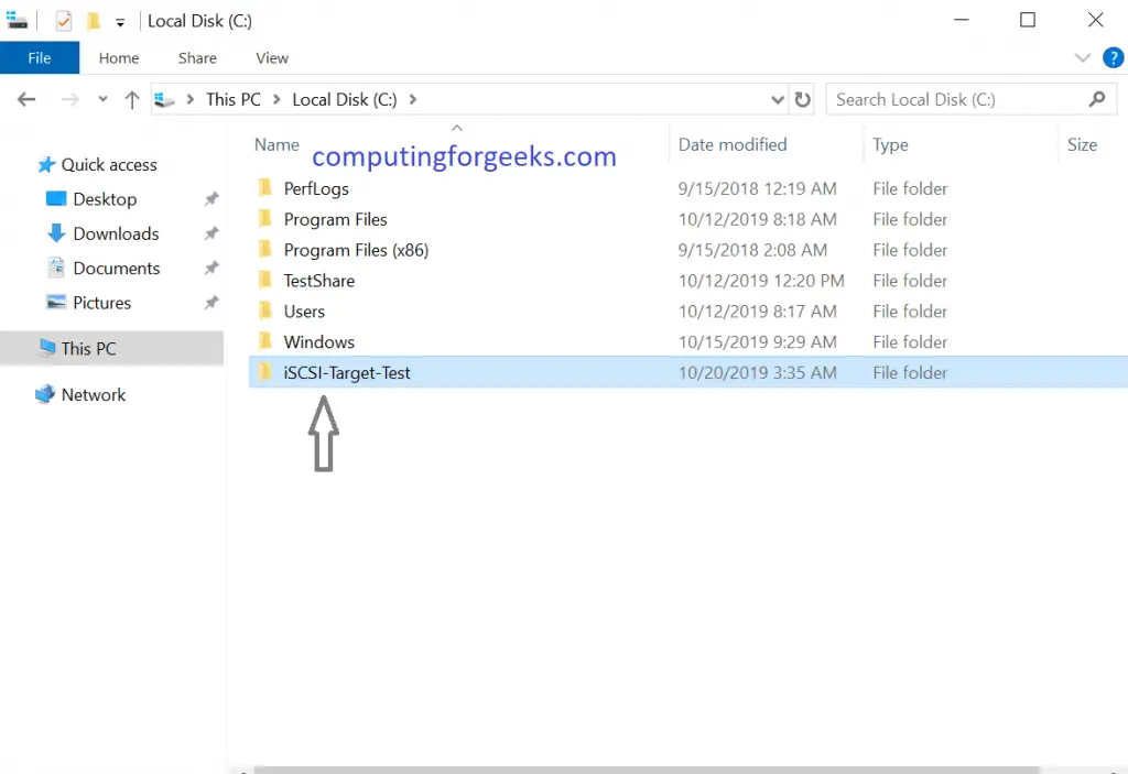 Install and Configure iSCSI Target on Windows Server 2019 9 iSCSI Target create test target folder