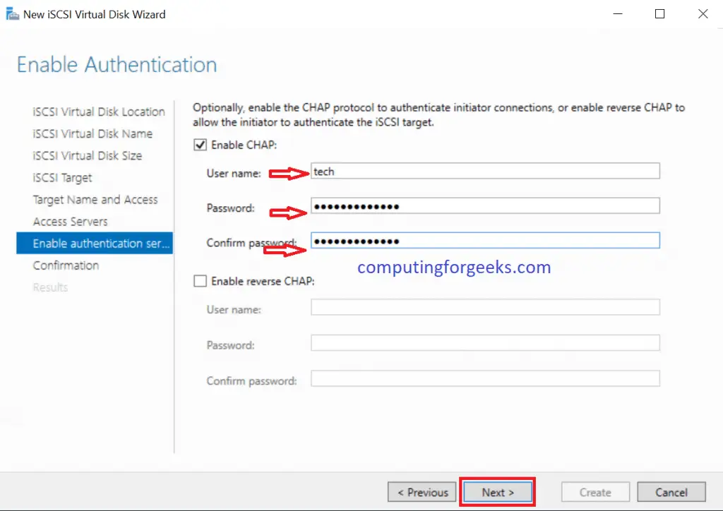 Install and Configure iSCSI Target on Windows Server 2019 19 iSCSI Target enable authentication chap 1