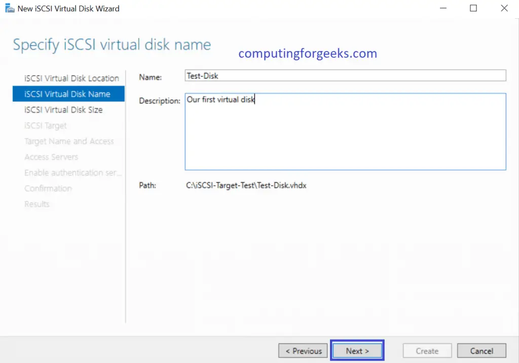 Install and Configure iSCSI Target on Windows Server 2019 13 iSCSI name virtual disk and describe