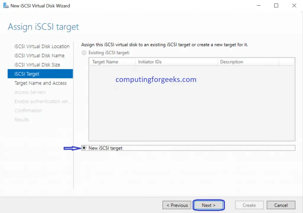 Install and Configure iSCSI Target on Windows Server 2019 15 iSCSI name virtual disk and describe next 2