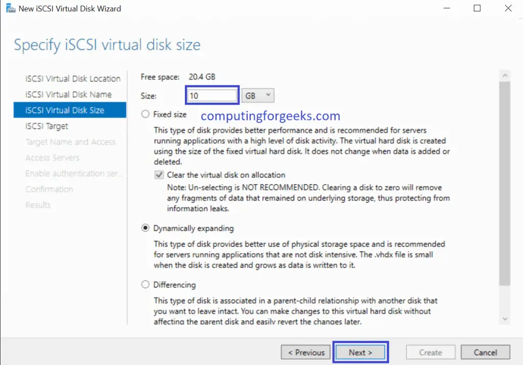 Install and Configure iSCSI Target on Windows Server 2019 14 iSCSI specify virtualdisk size and type