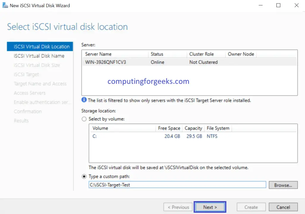 Install and Configure iSCSI Target on Windows Server 2019 12 iSCSI the test folder selected