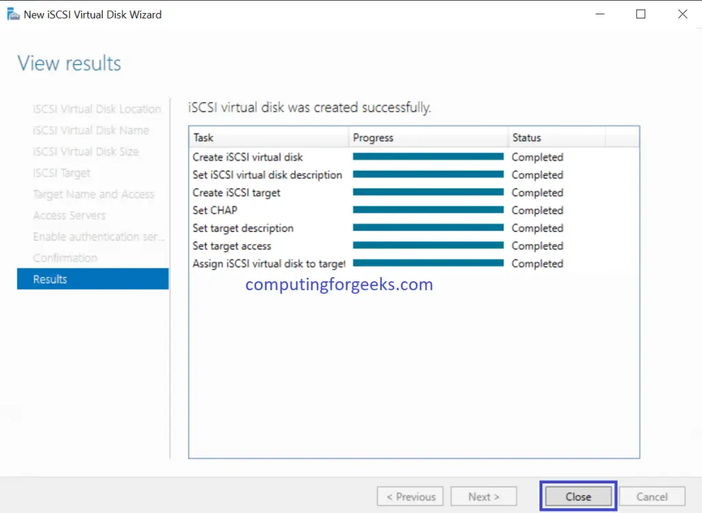 Install and Configure iSCSI Target on Windows Server 2019 21 iSCSI virtual disk created successfuly