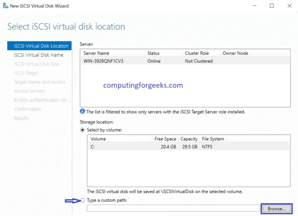 Install and Configure iSCSI Target on Windows Server 2019 11 iSCSI virtual disk wizard select folder custom path