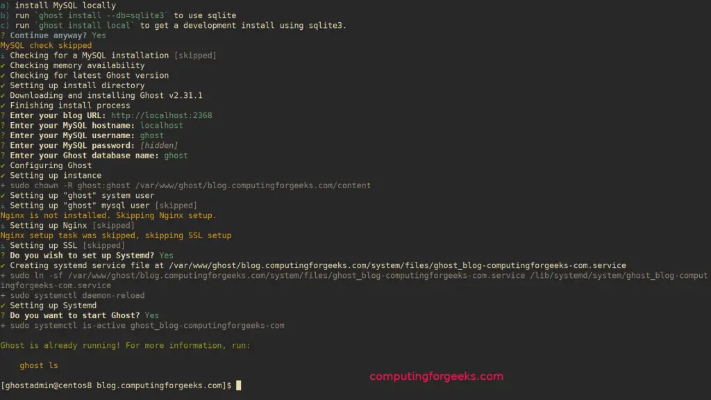 Install and Configure Ghost CMS on CentOS 8 / RHEL 8 2 install ghost cms centos 8 04