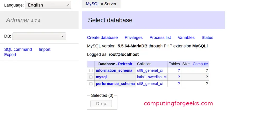 Manage MySQL / MariaDB & PostgreSQL Database Server with Adminer 3 install adminer database management tool 03