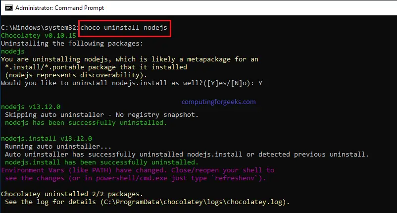 Manage Windows Applications from Command Prompt (CLI) with Chocolatey 8 example remove nodejs