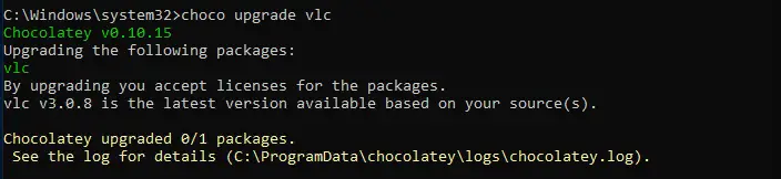 Manage Windows Applications from Command Prompt (CLI) with Chocolatey 9 example upgrading vlc