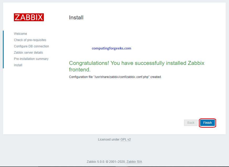 Install and Configure Zabbix Server 5.0 LTS on Debian 10 (Buster) 6 zabbix 5 web 6 successinstall