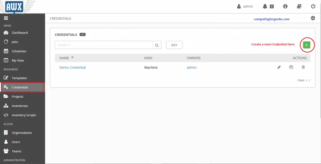 Install and Configure Ansible AWX on CentOS 8 13 AWX 1 Create a new Credential to add to organization