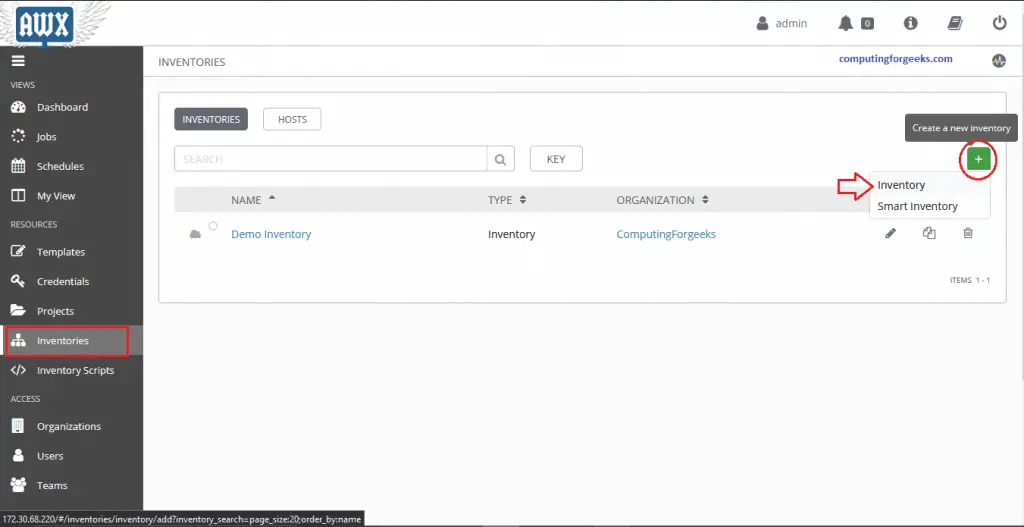 Install and Configure Ansible AWX on CentOS 8 16 AWX 1 Create a new Inventory to add to organization