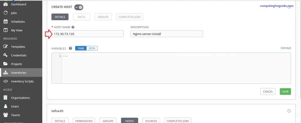 Install and Configure Ansible AWX on CentOS 8 19 AWX 4 Create a new Inventory host to add to organization