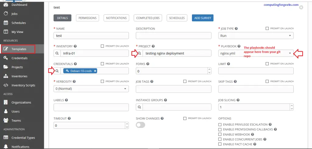 Install and Configure Ansible AWX on CentOS 8 24 AWX 7 Add a new template details