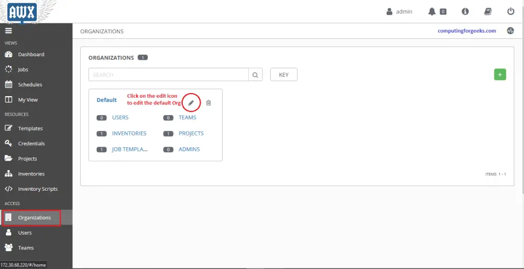 Install and Configure Ansible AWX on CentOS 8 8 Awx ansible dashboard organization 3