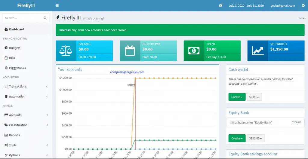 Setup Firefly III Personal Finance Manager on Ubuntu 20.04 | 18.04 4 Firefly dashboard after submitting cash details