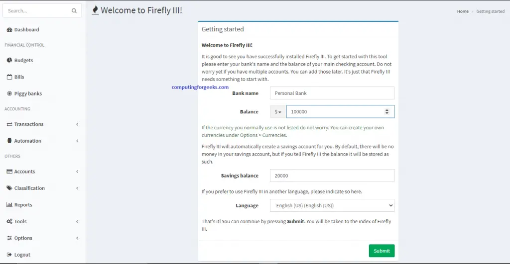 Setup Firefly III Personal Finance Manager on Ubuntu 20.04 | 18.04 3 Firefly first page