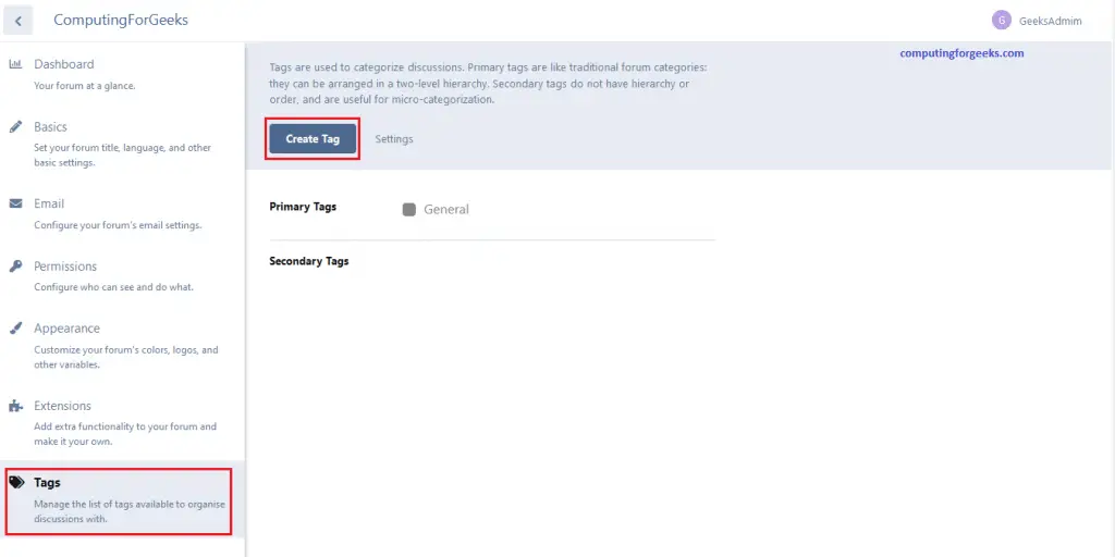 How To Create Community Forum Discussion Website with Flarum 8 Flarum 8 administration create tag