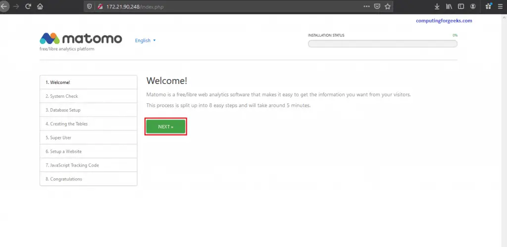 Install and Configure Matomo analytics platform on CentOS 8 1 Matomo page 1 welcome