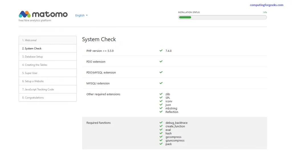 Install and Configure Matomo analytics platform on CentOS 8 2 Matomo page 2 system check