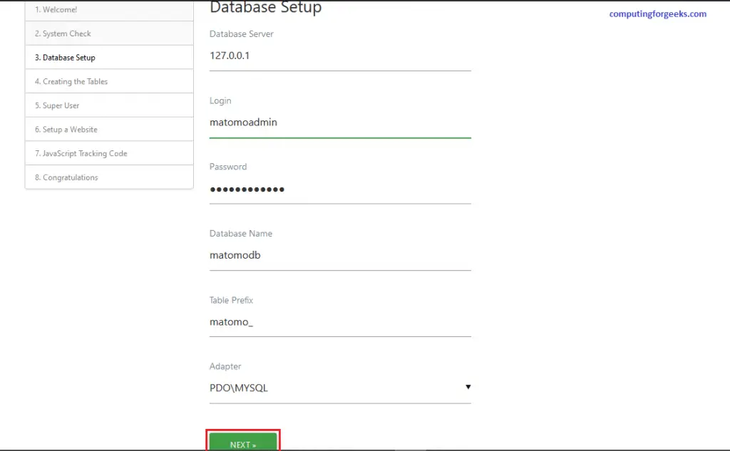 Install and Configure Matomo analytics platform on CentOS 8 3 Matomo page 3 database setup