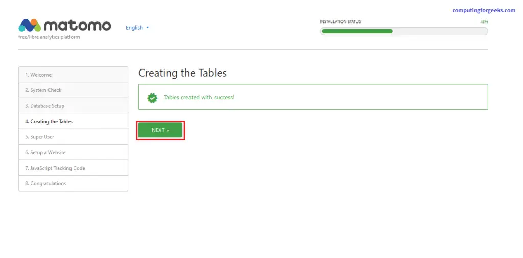 Install and Configure Matomo analytics platform on CentOS 8 4 Matomo page 4 tables created success