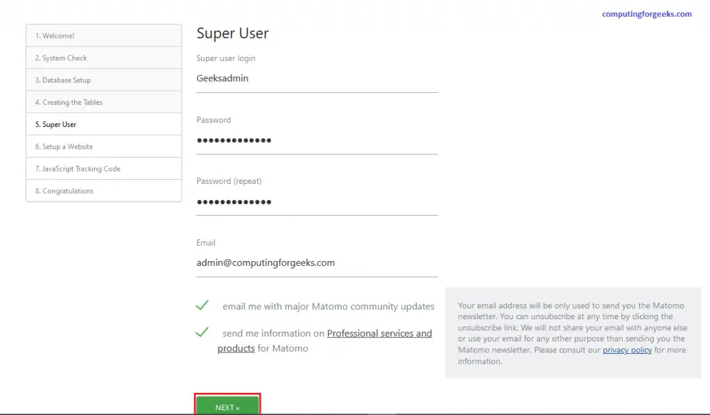Install and Configure Matomo analytics platform on CentOS 8 5 Matomo page 5 super user