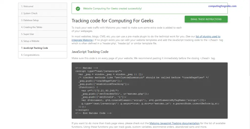 Install and Configure Matomo analytics platform on CentOS 8 7 Matomo page 7 tracking code