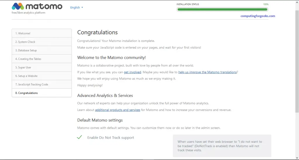 Install and Configure Matomo analytics platform on CentOS 8 8 Matomo page 8 congratulations