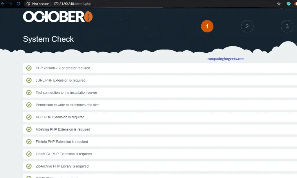 Install and Configure October CMS on CentOS 8 1 October page 1 system check