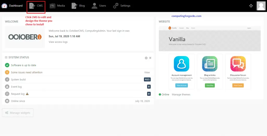Install and Configure October CMS on CentOS 8 12 October page 10 start from a theme vanilla dashboard