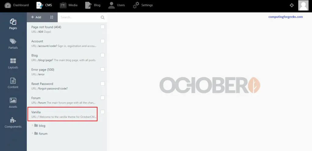 Install and Configure October CMS on CentOS 8 13 October page 11 start from a theme vanilla editing vanilla