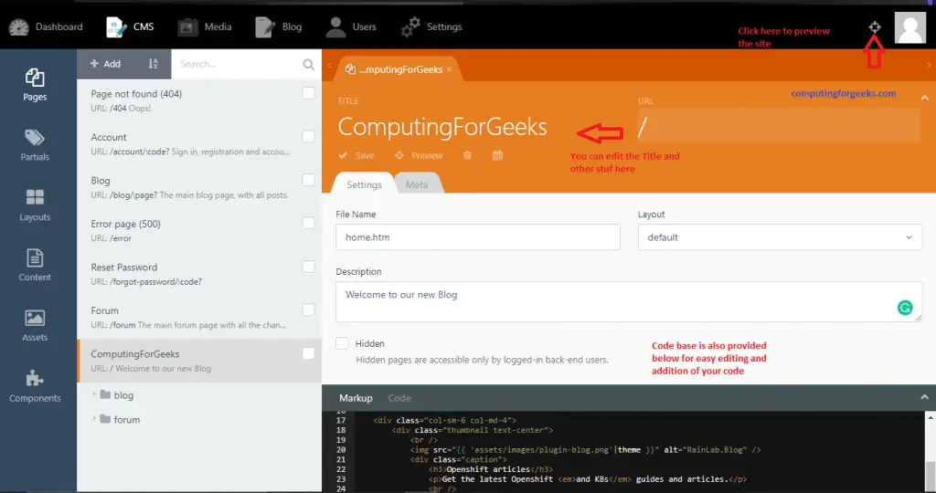 Install and Configure October CMS on CentOS 8 14 October page 12 start from a theme vanilla editing vanilla and saving
