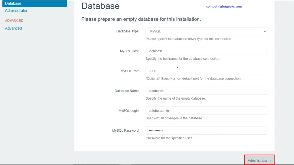 Install and Configure October CMS on CentOS 8 3 October page 2 database details input