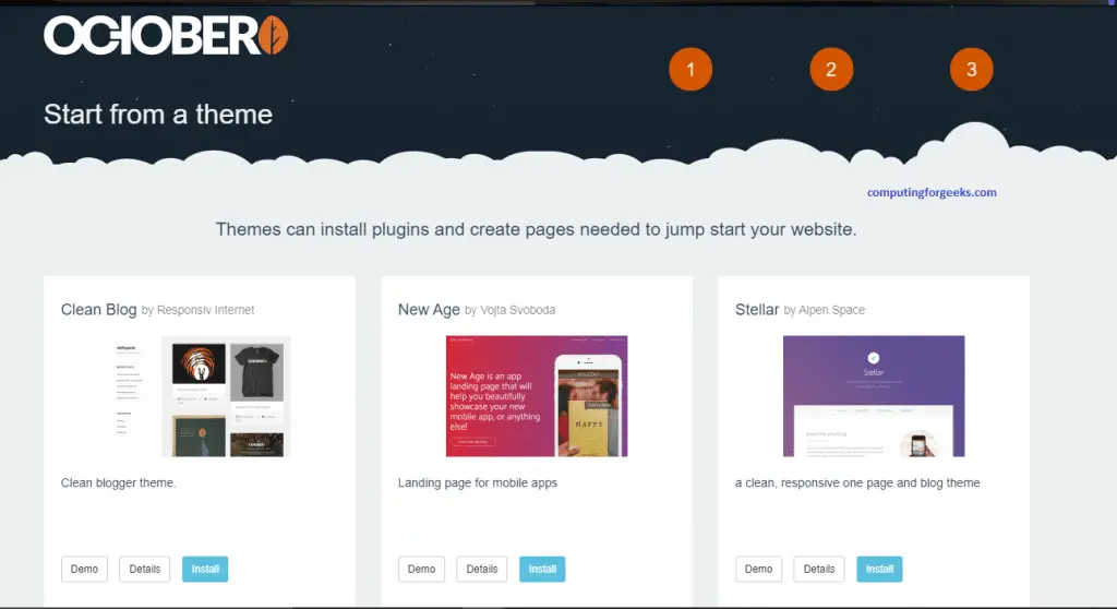 Install and Configure October CMS on CentOS 8 6 October page 5 start from a theme