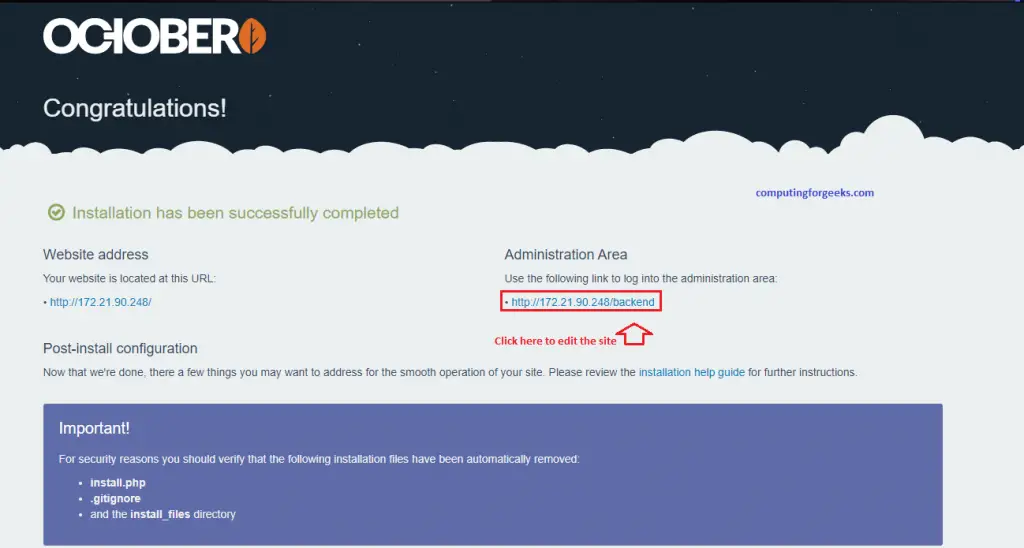 Install and Configure October CMS on CentOS 8 10 October page 8 start from a theme vanilla installed