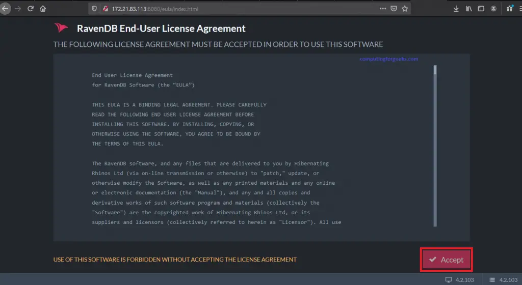 Install RavenDB NoSQL database on Ubuntu 20.04 1 RavenDB 1 End User License Agreement
