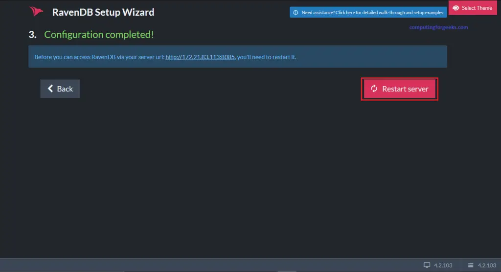 Install RavenDB NoSQL database on Ubuntu 20.04 4 RavenDB 4 RavenDB Setup Wizard unsecured mode setup complete