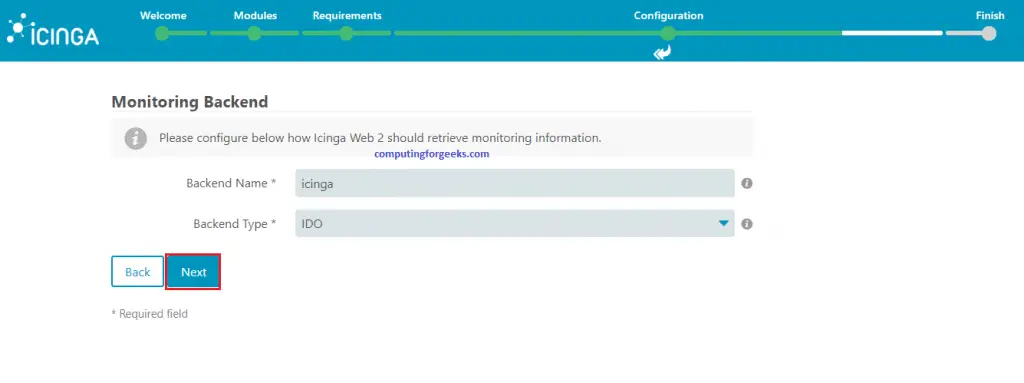 Install and Configure Icinga2 Monitoring Tool on Ubuntu 20.04 15 icinga2 web setup 12 monitoring backend