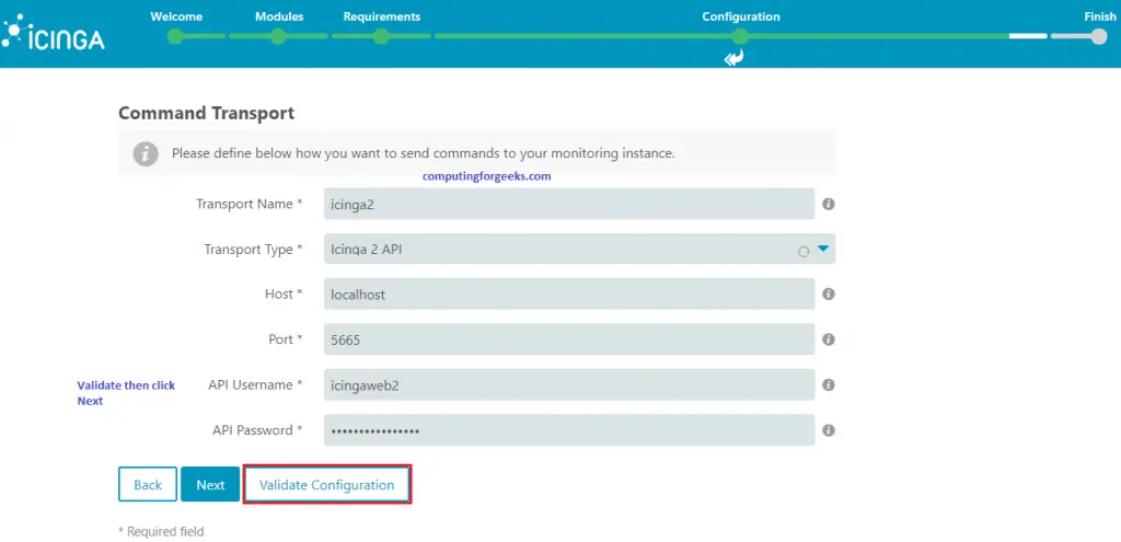 Install and Configure Icinga2 Monitoring Tool on Ubuntu 20.04 19 icinga2 web setup 15 command transport