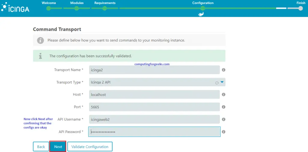 Install and Configure Icinga2 Monitoring Tool on Ubuntu 20.04 20 icinga2 web setup 16 command transport validated