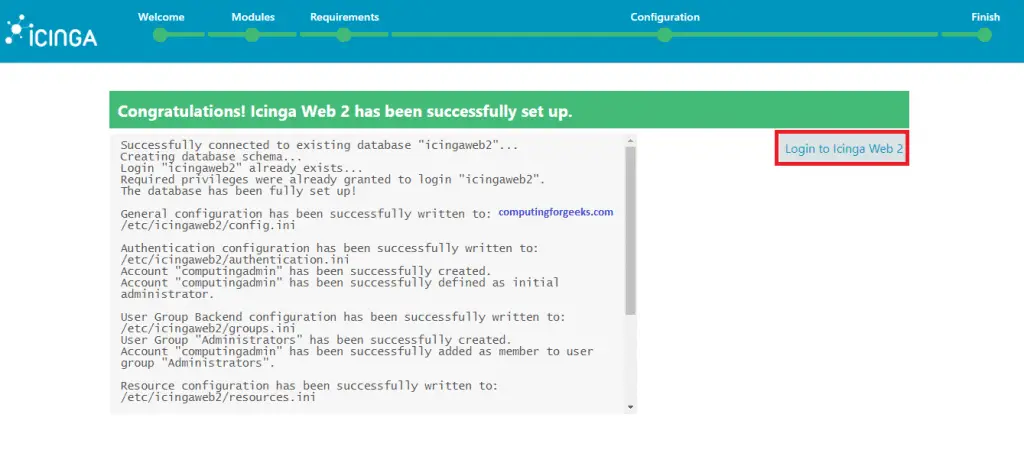 Install and Configure Icinga2 Monitoring Tool on Ubuntu 20.04 23 icinga2 web setup 19 congratulations