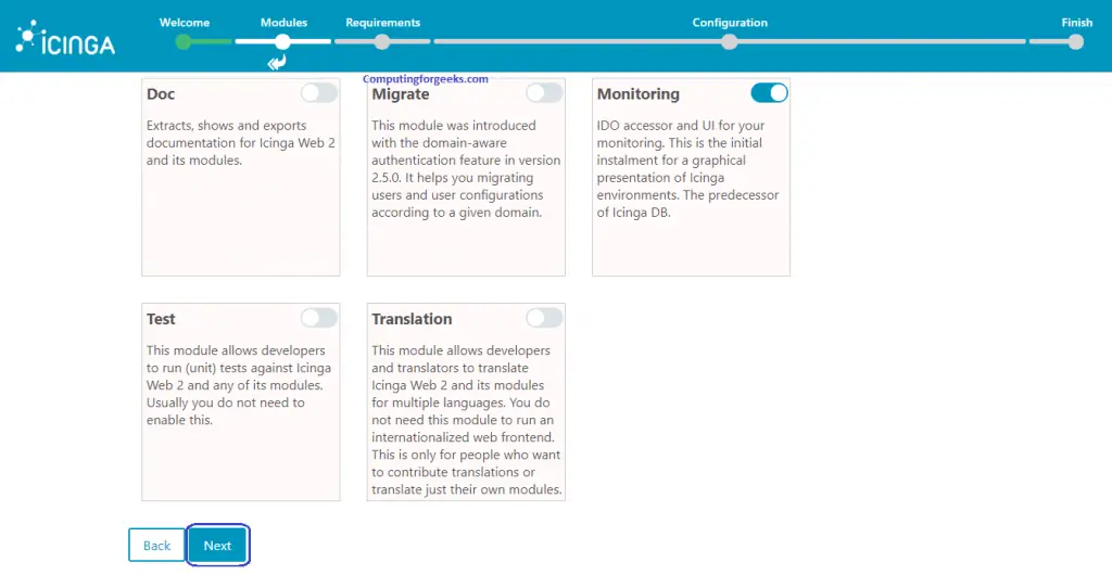 Install and Configure Icinga2 Monitoring Tool on Ubuntu 20.04 5 icinga2 web setup 2 modules