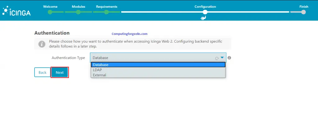 Install and Configure Icinga2 Monitoring Tool on Ubuntu 20.04 7 icinga2 web setup 4 authentication type